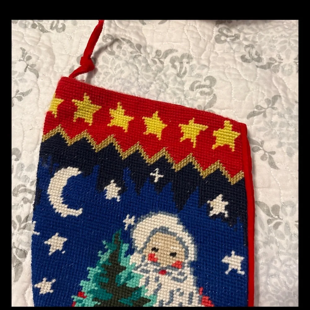 Vintage Needlepoint Wool Santa Claus Christmas Stocking Velvet Backing
